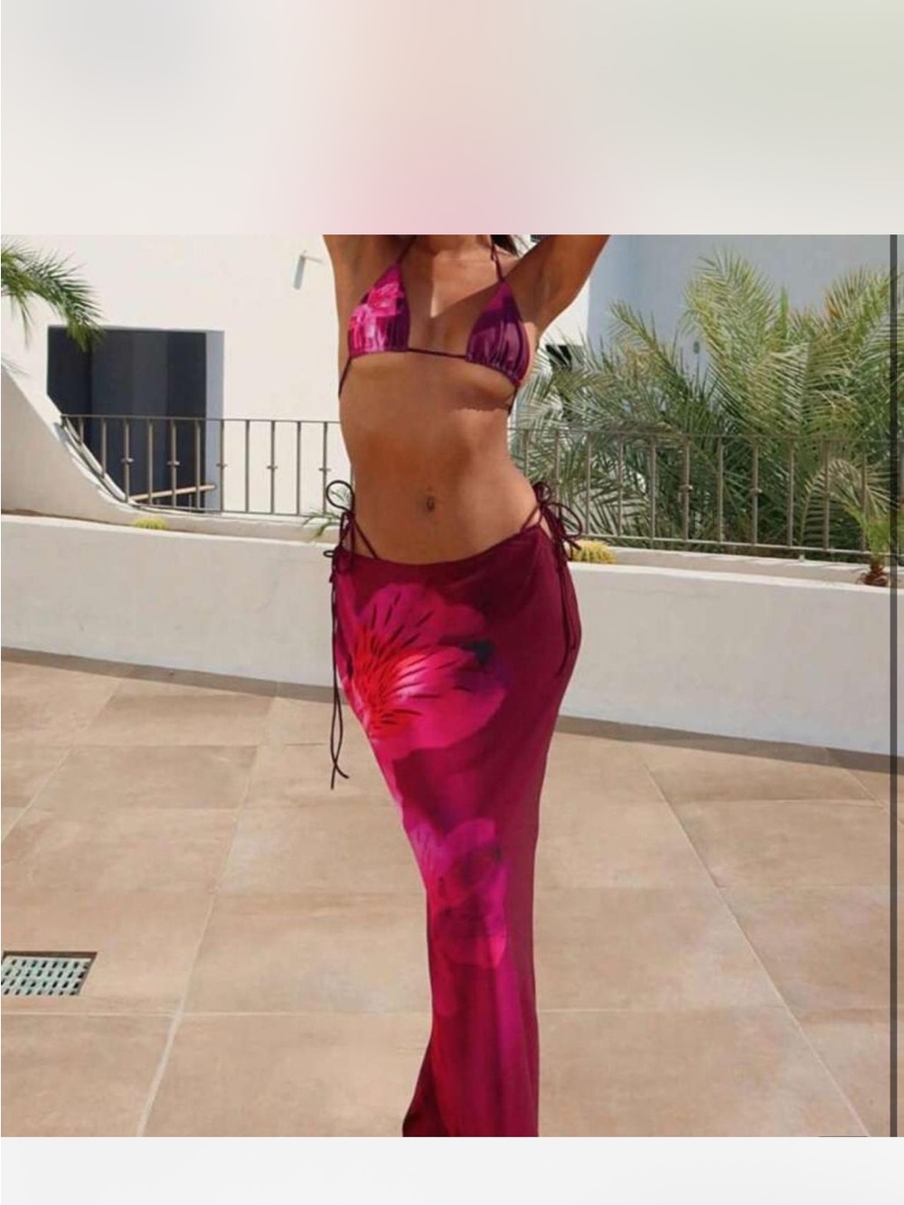 Three- piece floral bikini set with skirt